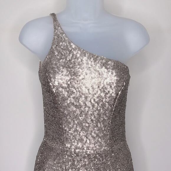 DRESS THE POPULATION Bella Ice Pink Gold Sequin One Shoulder Gown Womens Size XS - Picture 5 of 16